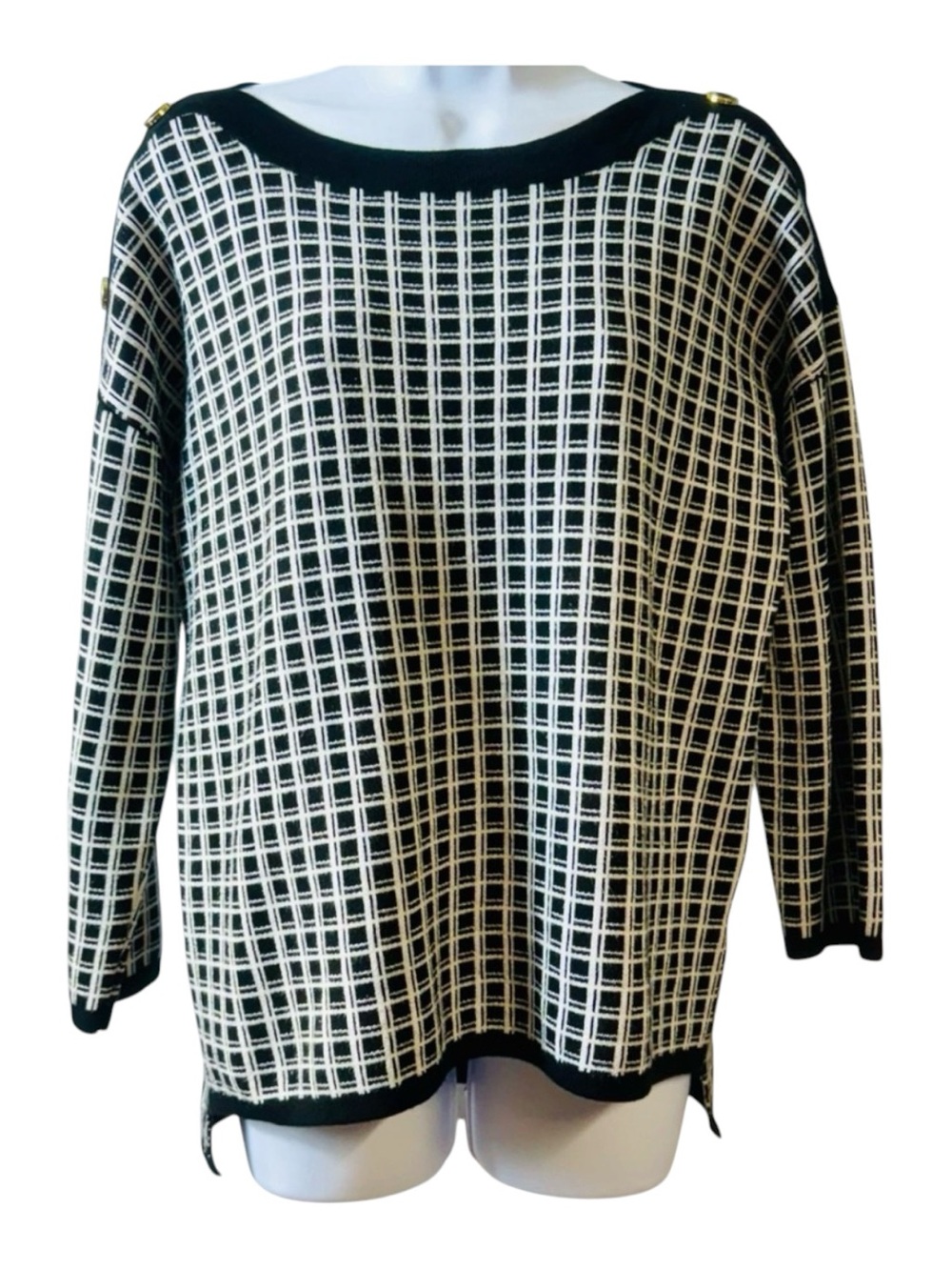 Cable & Gauge Black & White Scoop Neck Grid Pattern 3/4 Sleeve Sweater size L‎